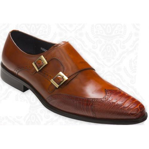 David X "Ethan" Cognac Genuine Ostrich / Calf  Hand-Burnished Leather Shoes With Double Monk Strap.